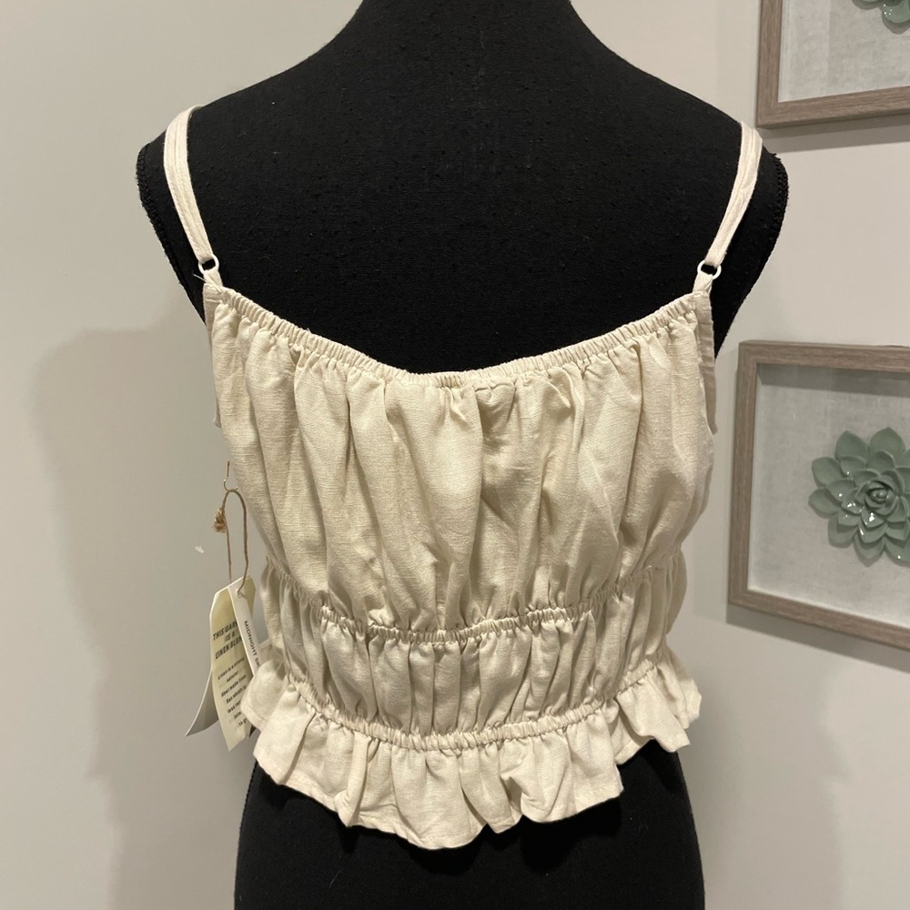 Midnight Sky Cream Linen Blend Ruched Tiered Cami Top With Ties NWT! - Picture 4 of 9
